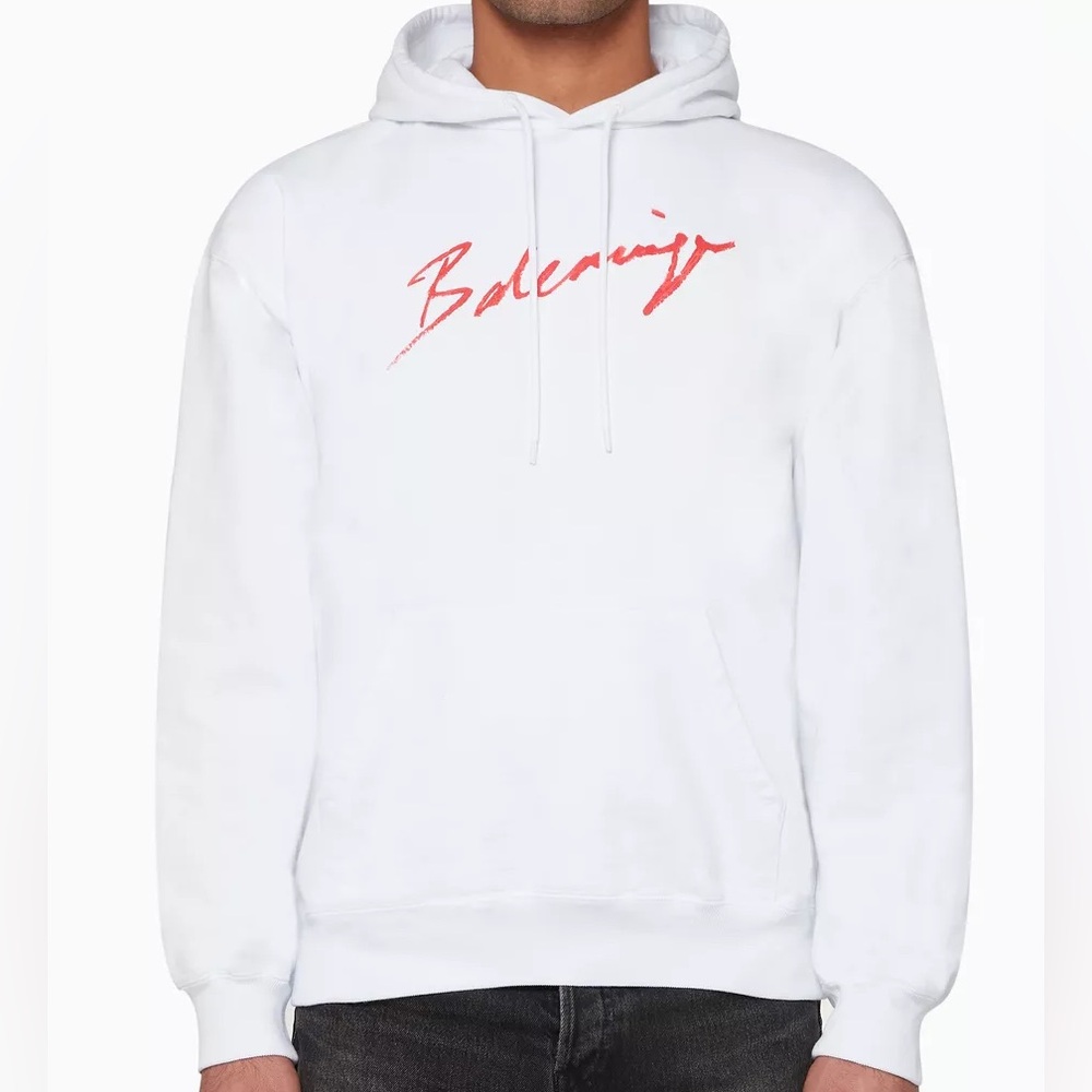 Balenciaga Men’s White and Red lipstick logo hoodie